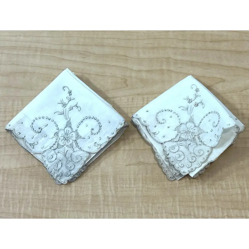 2 Vintage Beautiful Handmade Hand Stitched Napkin Hanky Cotton‎ Made In Madeira